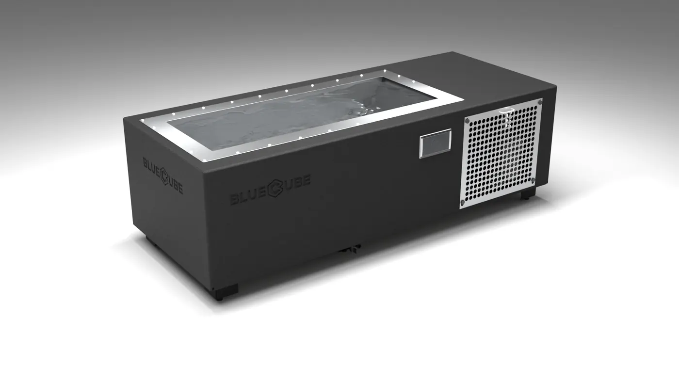BlueCube C1 cold plunge tub in black with perforated screens, left front view, maker's render.