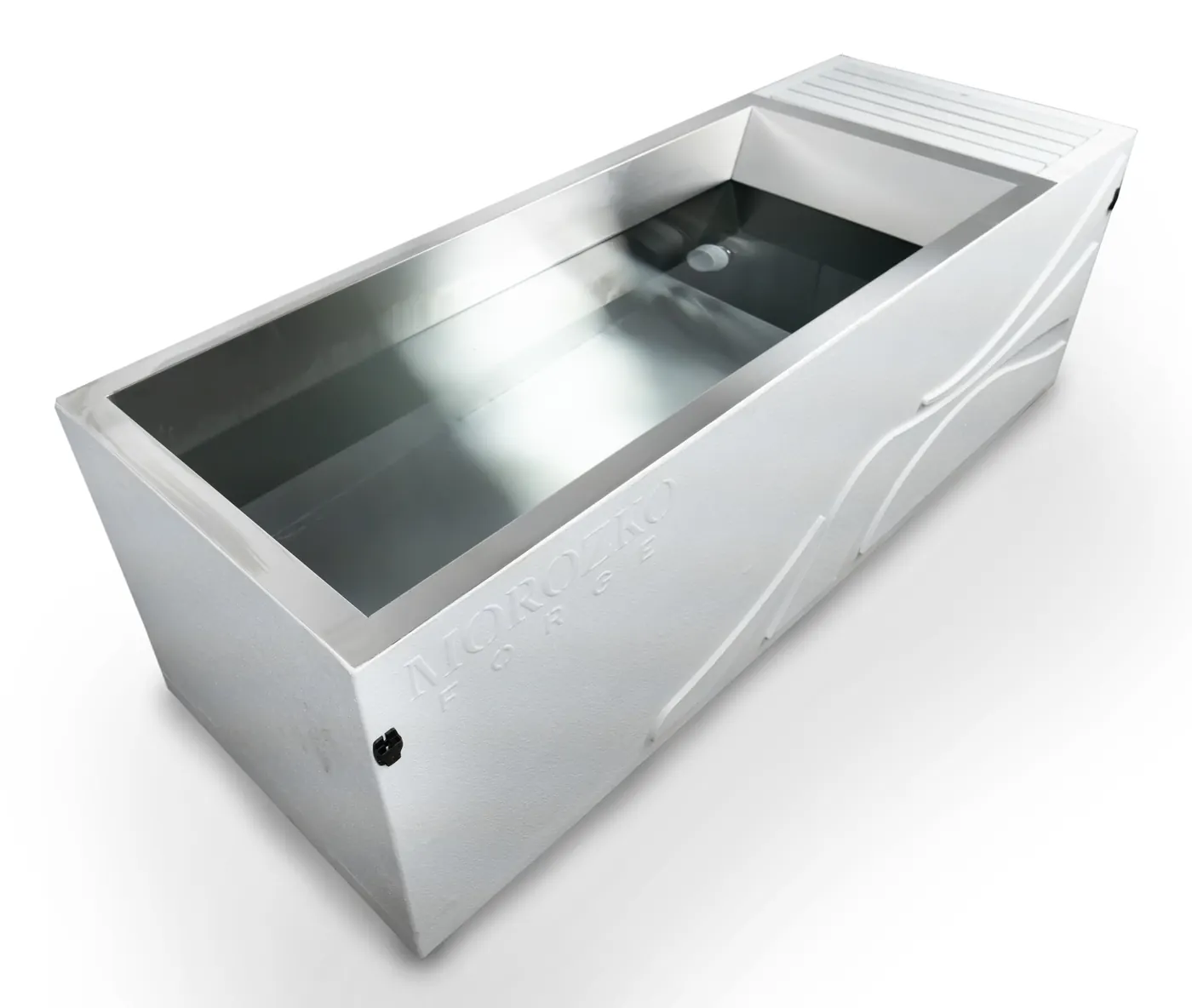 Morozko Forge residential ice bath in white with its steel tub, maker's photograph.