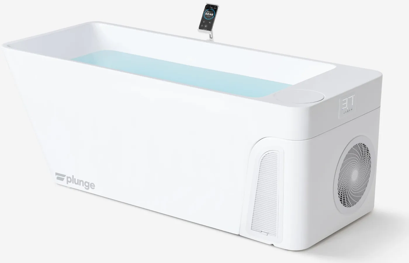 Plunge All-In in white with its phone holder, display and fan end, from the maker.