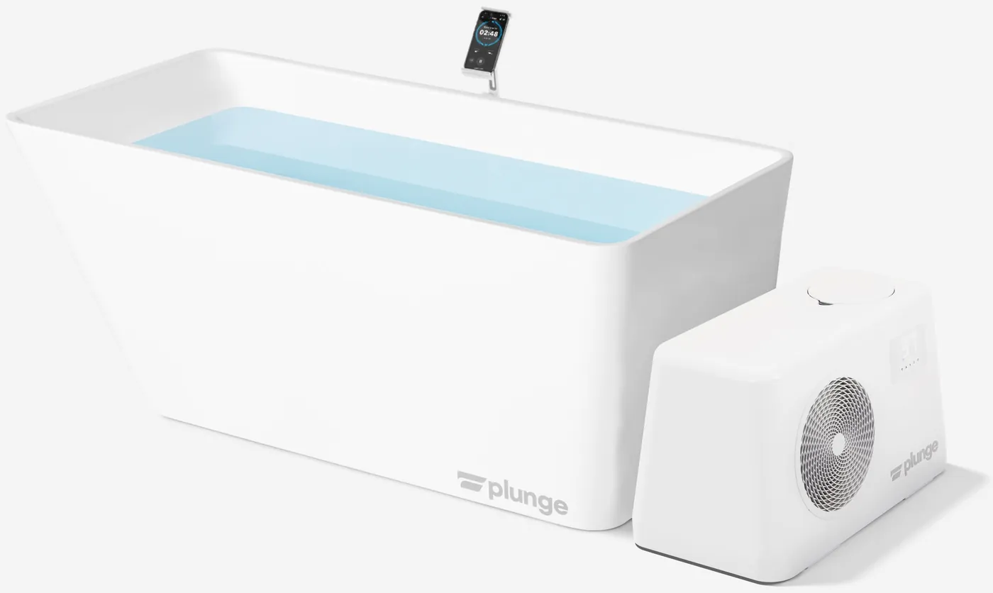 The Plunge tub in white with the separate white Pro Chiller beside it and a phone holder on the rim, from the maker.