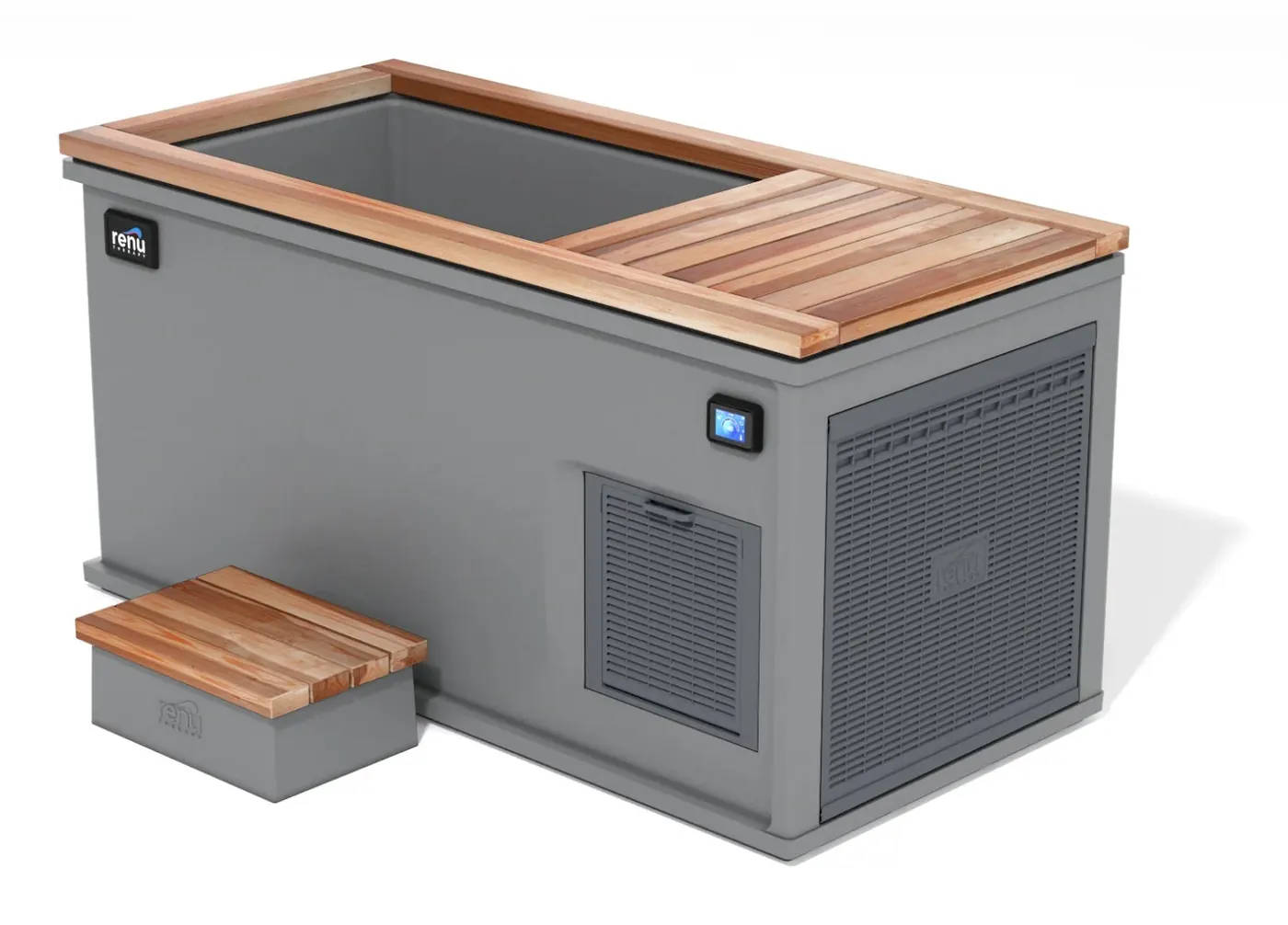 Renu Therapy Cold Stoic 3.0 in Basalt Grey with a California Redwood top and its touchscreen, maker's render.