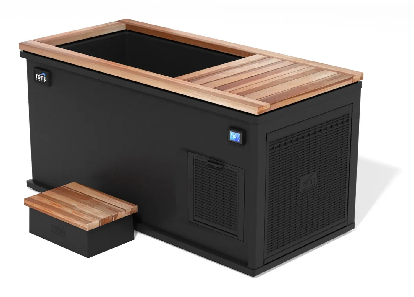 Renu Therapy Cold Stoic 3.0 in Meterous Black with a California Redwood top and its touchscreen, maker's render.