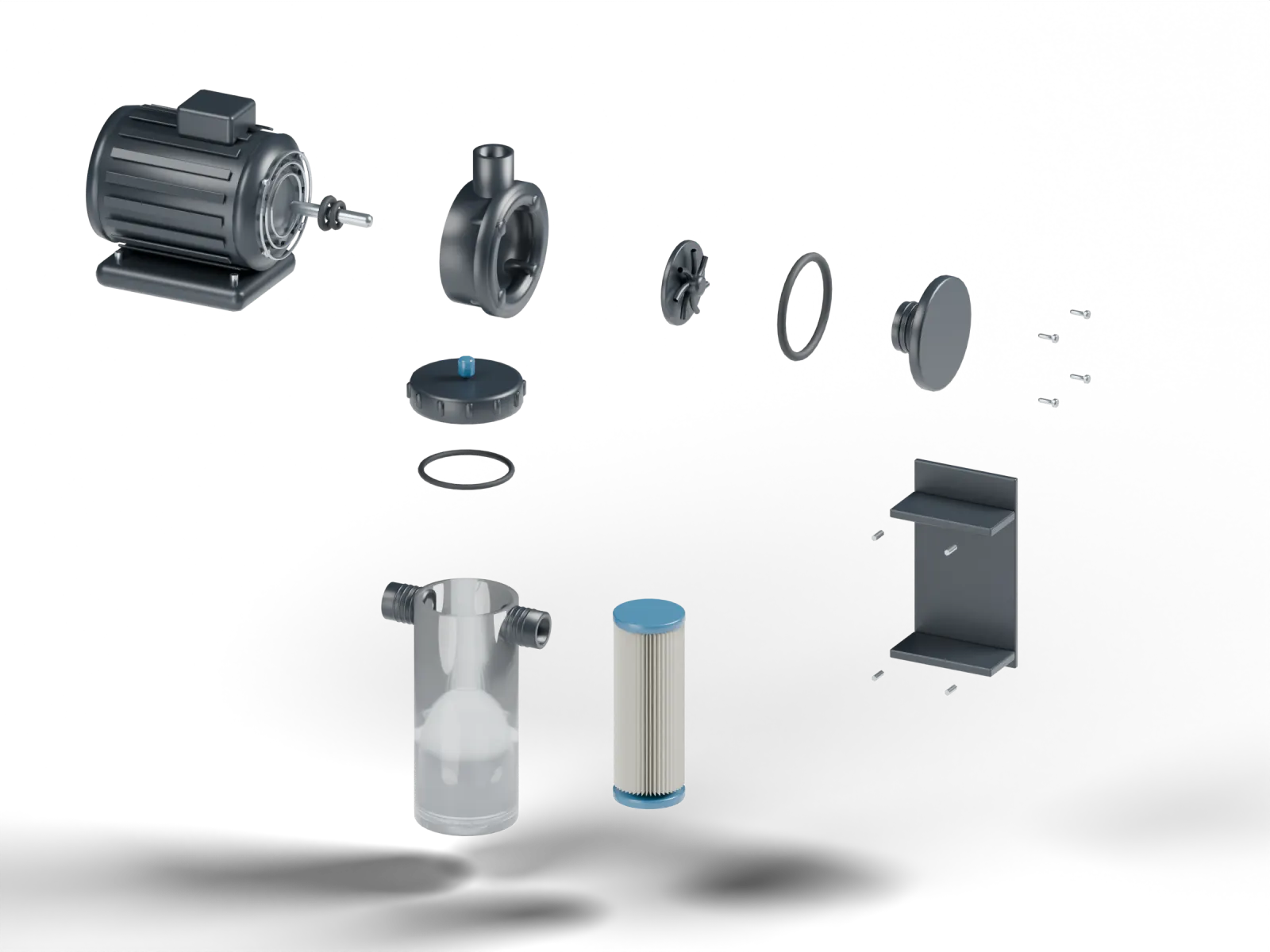 Separate exploded circulation pump and cartridge filter assemblies.