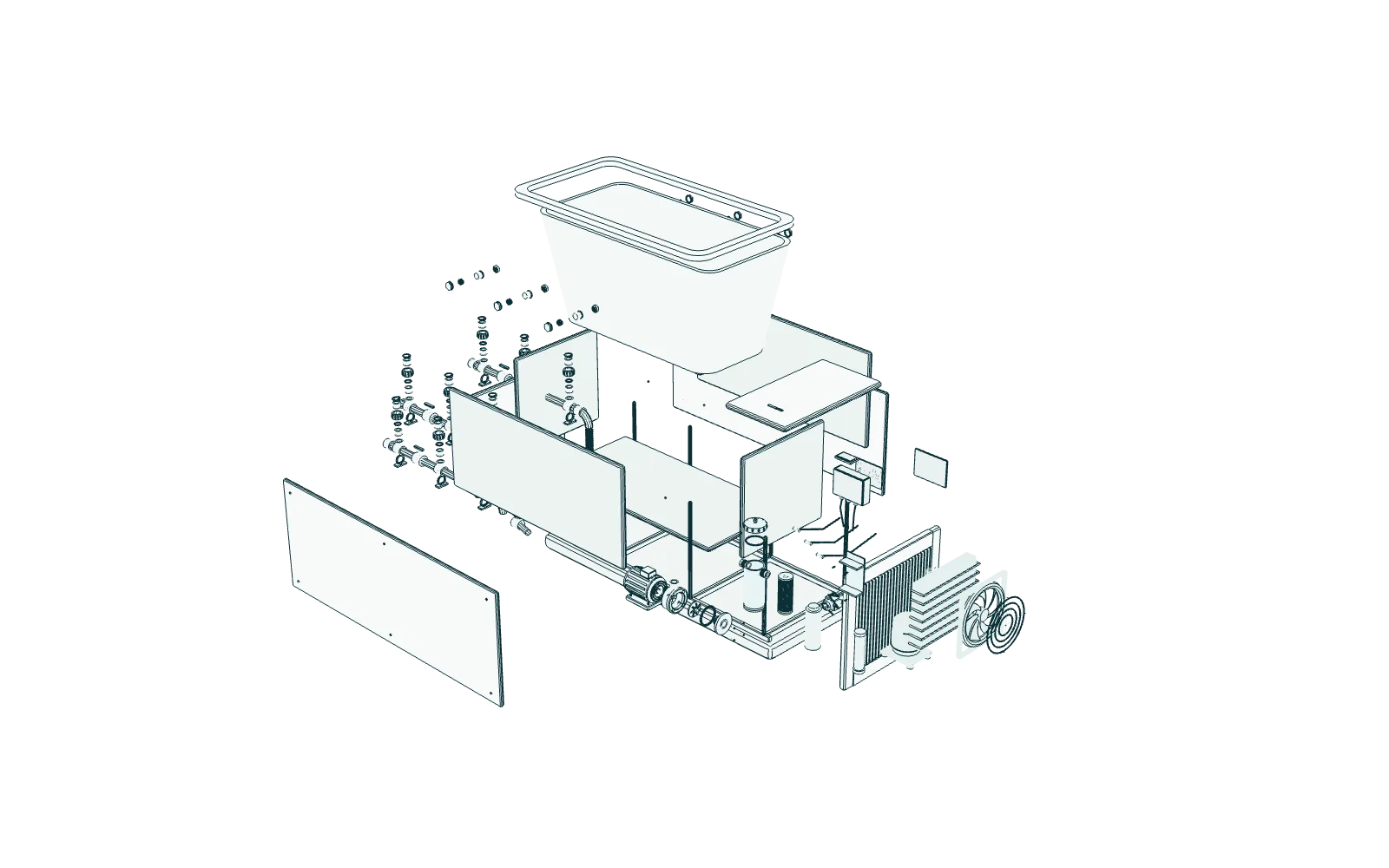 The illustrative plunge with its systems separated: filtration, circulation, cooling, plumbing, controls and the cabinet.